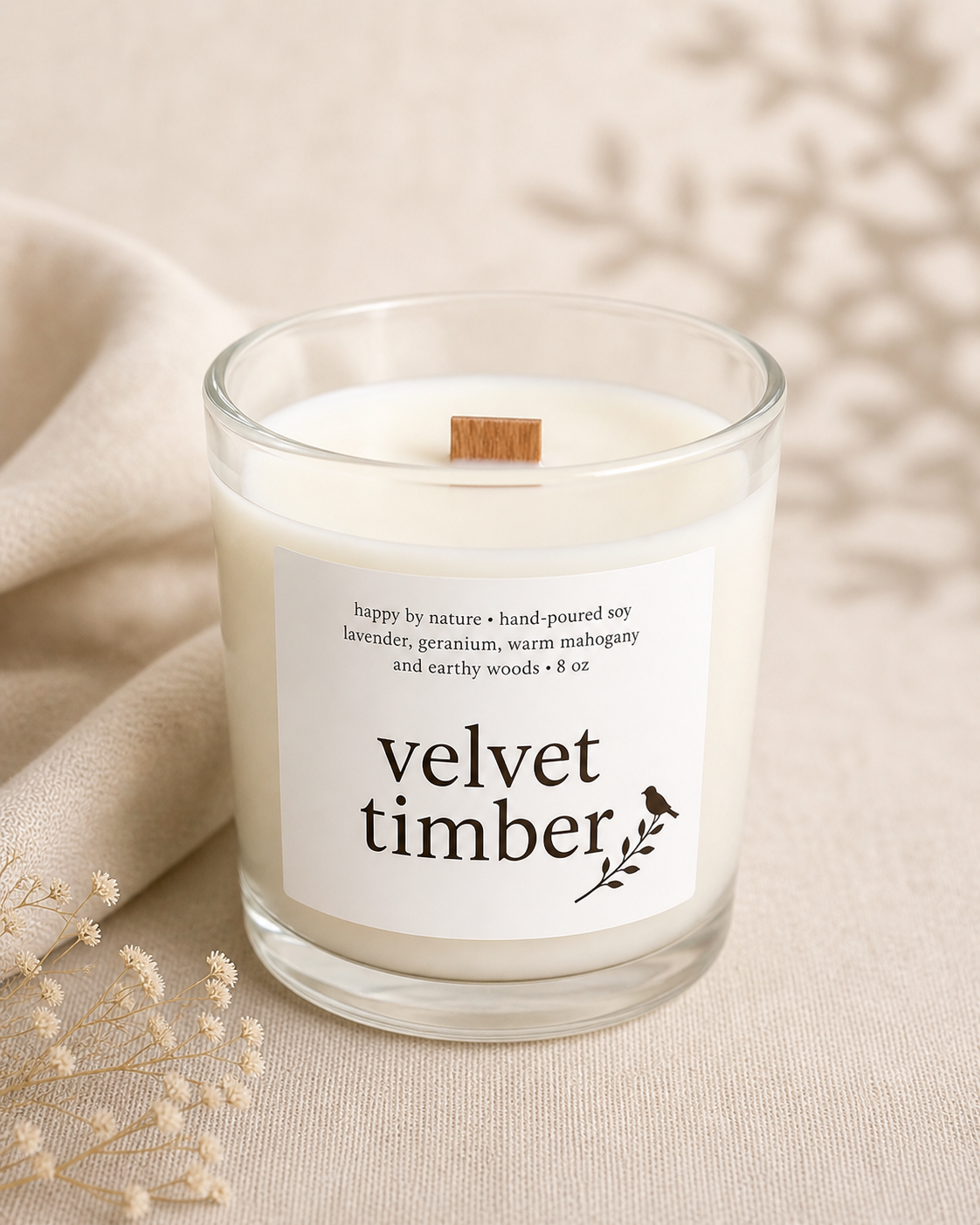 Velvet Timber candle — lavender, geranium, warm mahogany and earthy woods