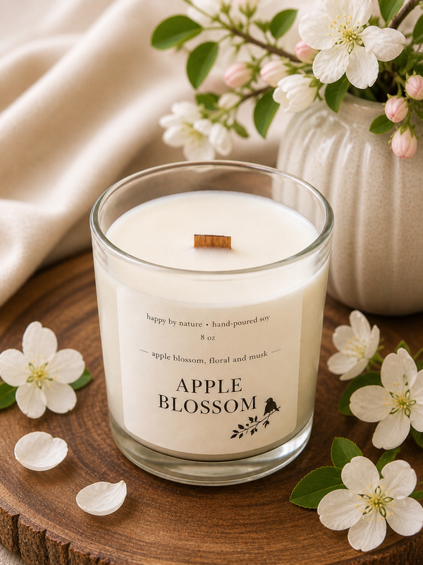 Apple Blossom candle styled with apple blossom branches in a sunlit setting