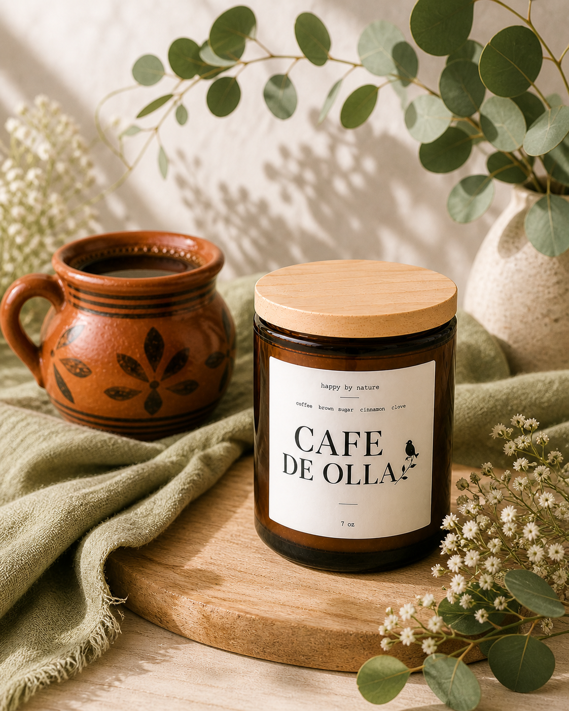 Cafe de Olla candle with lid on, styled with eucalyptus, clay mug and sage throw