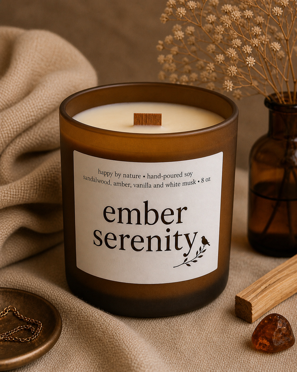 Ember Serenity candle styled with sandalwood, dried botanicals and amber accents