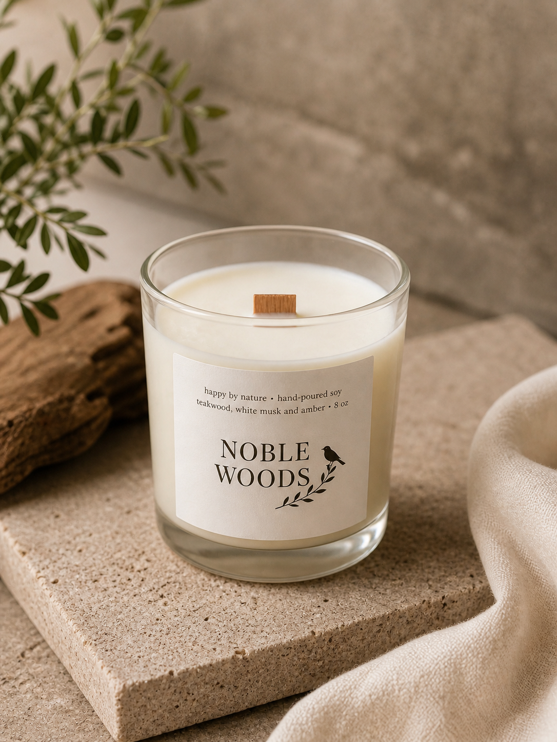 Noble Woods candle — teakwood, white musk and amber