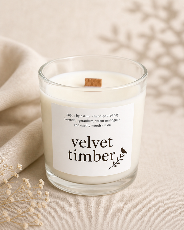 Velvet Timber candle — lavender, geranium, warm mahogany and earthy woods