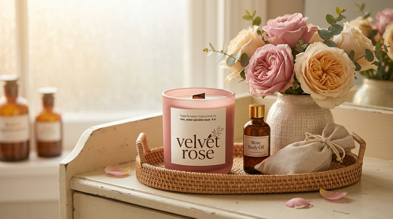 Velvet Rose styled with roses and apothecary on a vanity